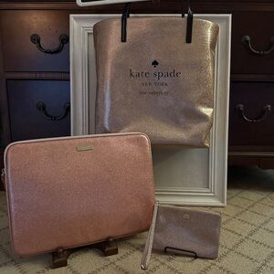Kate Spade Rose Gold & Gold sparkle Tote, Computer Case, and Wristlet - set of